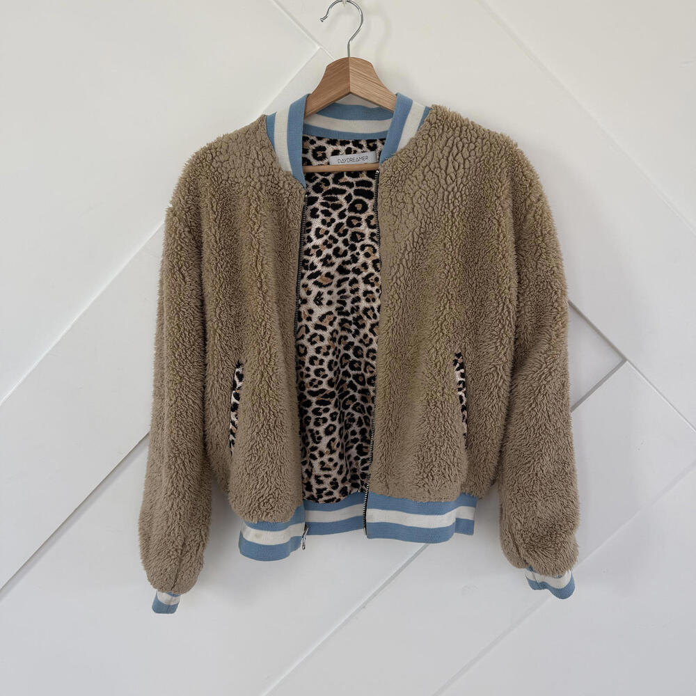Daydreamer Faux Shearling Bomber Jacket Reversible Leopard Print Lining - Picture 1 of 5